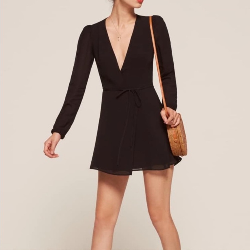 Reformation wrap black mini dress